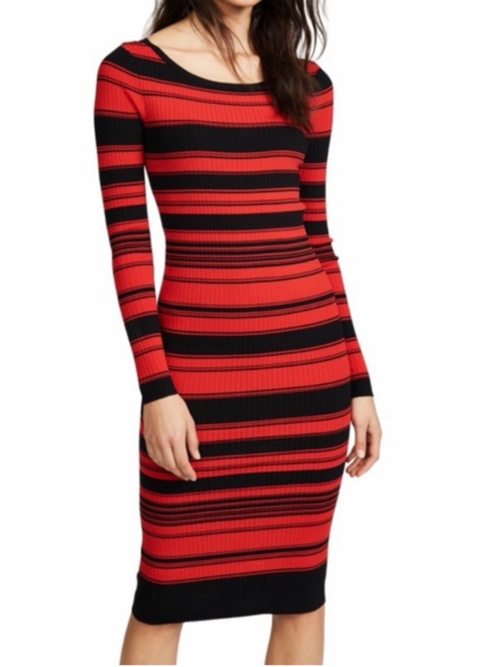 EUC BB Dakota Red & Black Striped Long Sleeve Midi Dress Size Small